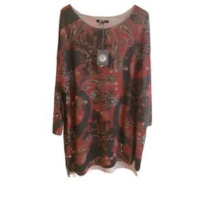 M made in Italy NWT Women’s Paisley Rust, Silver Neck Detail Dk Green Top Size:L